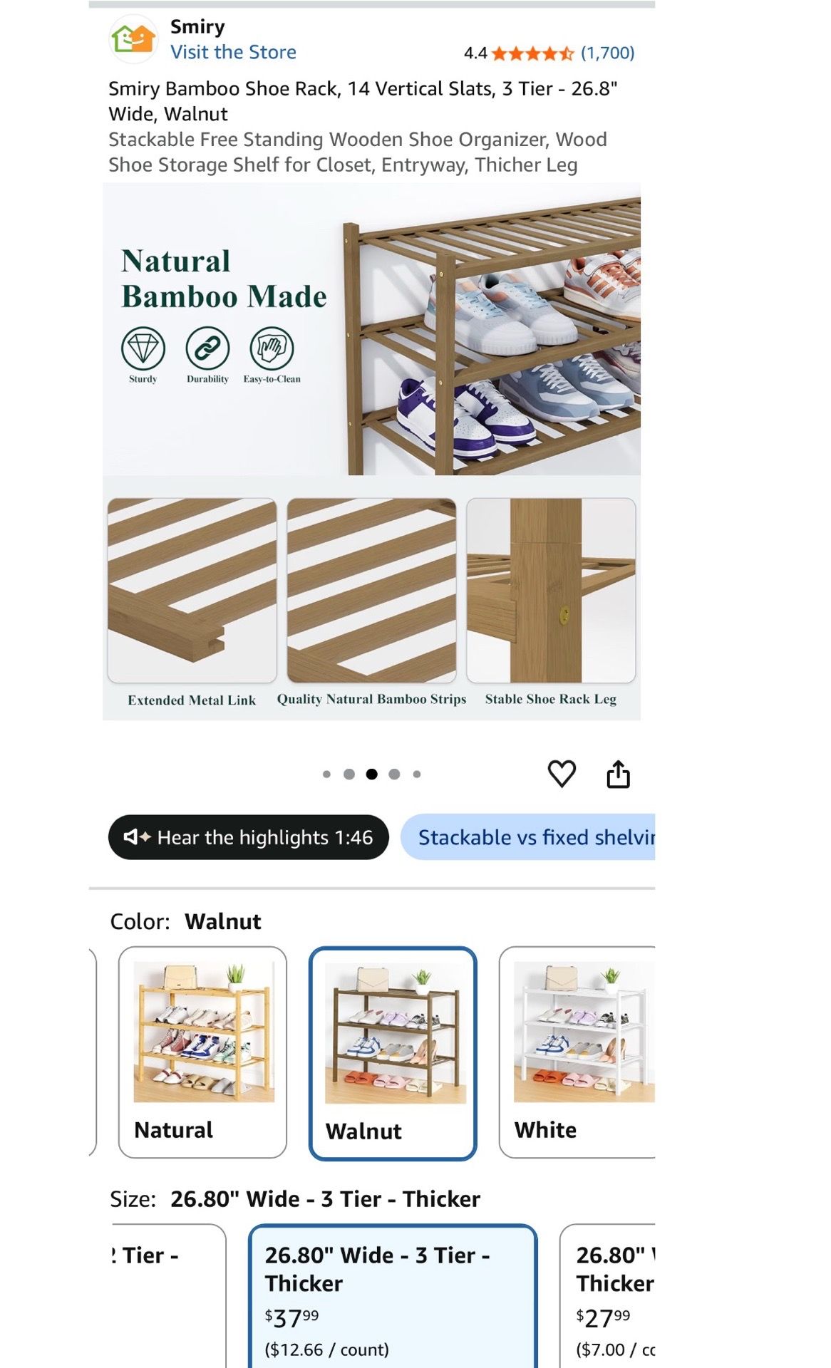 Bamboo Shoe Rack, 3 Tier, 26.8" Wide, Walnut Stackable - photo 5