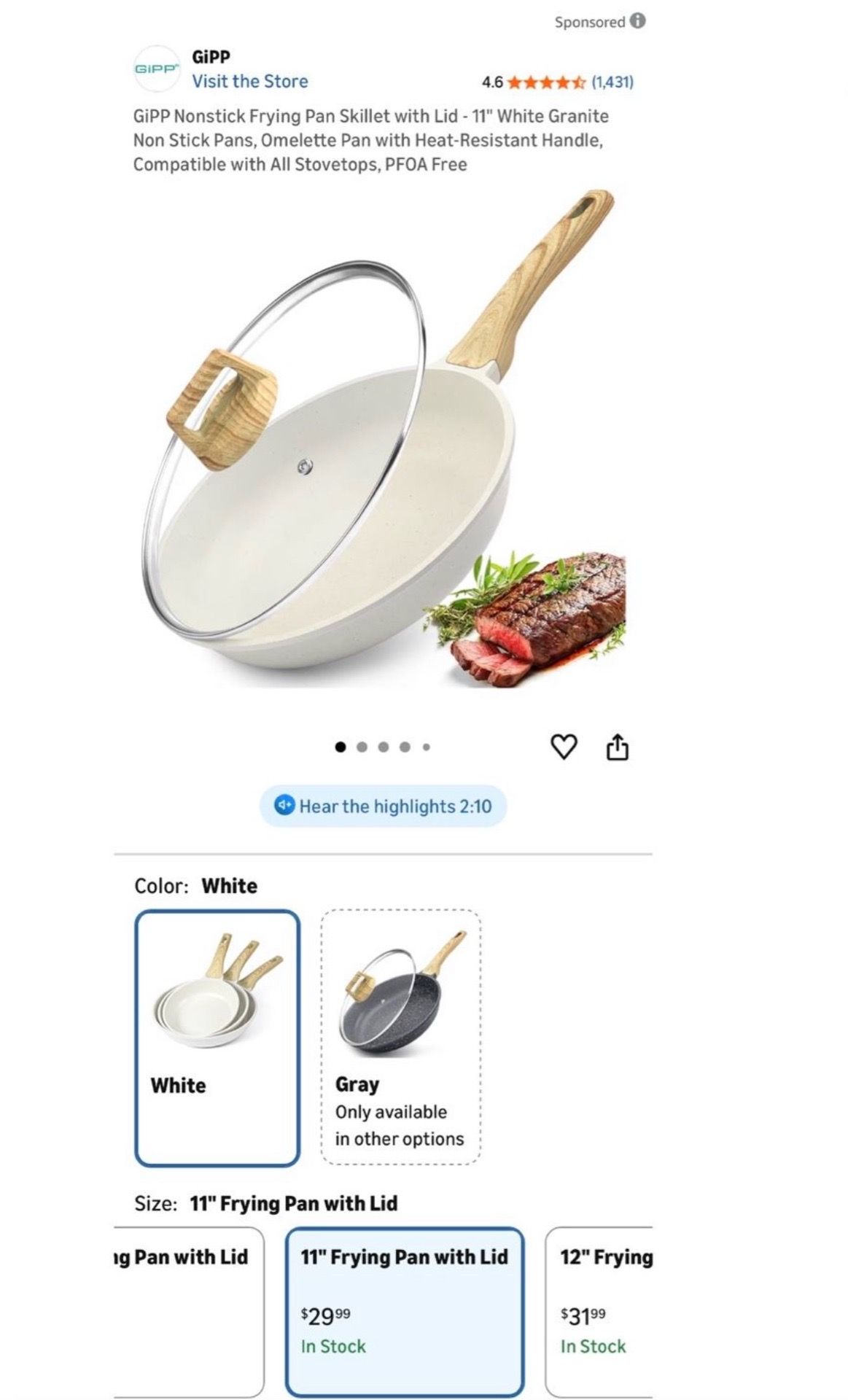 11" White Granite Nonstick Frying Pan Skillet with Lid - photo 3