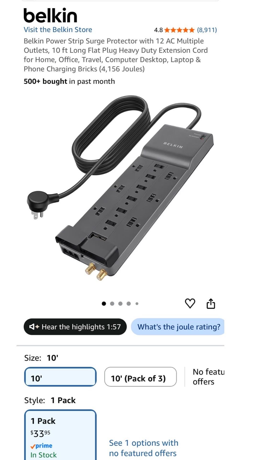 Power Strip Surge Protector 12 Outlets 10ft Extension Cord - photo 4