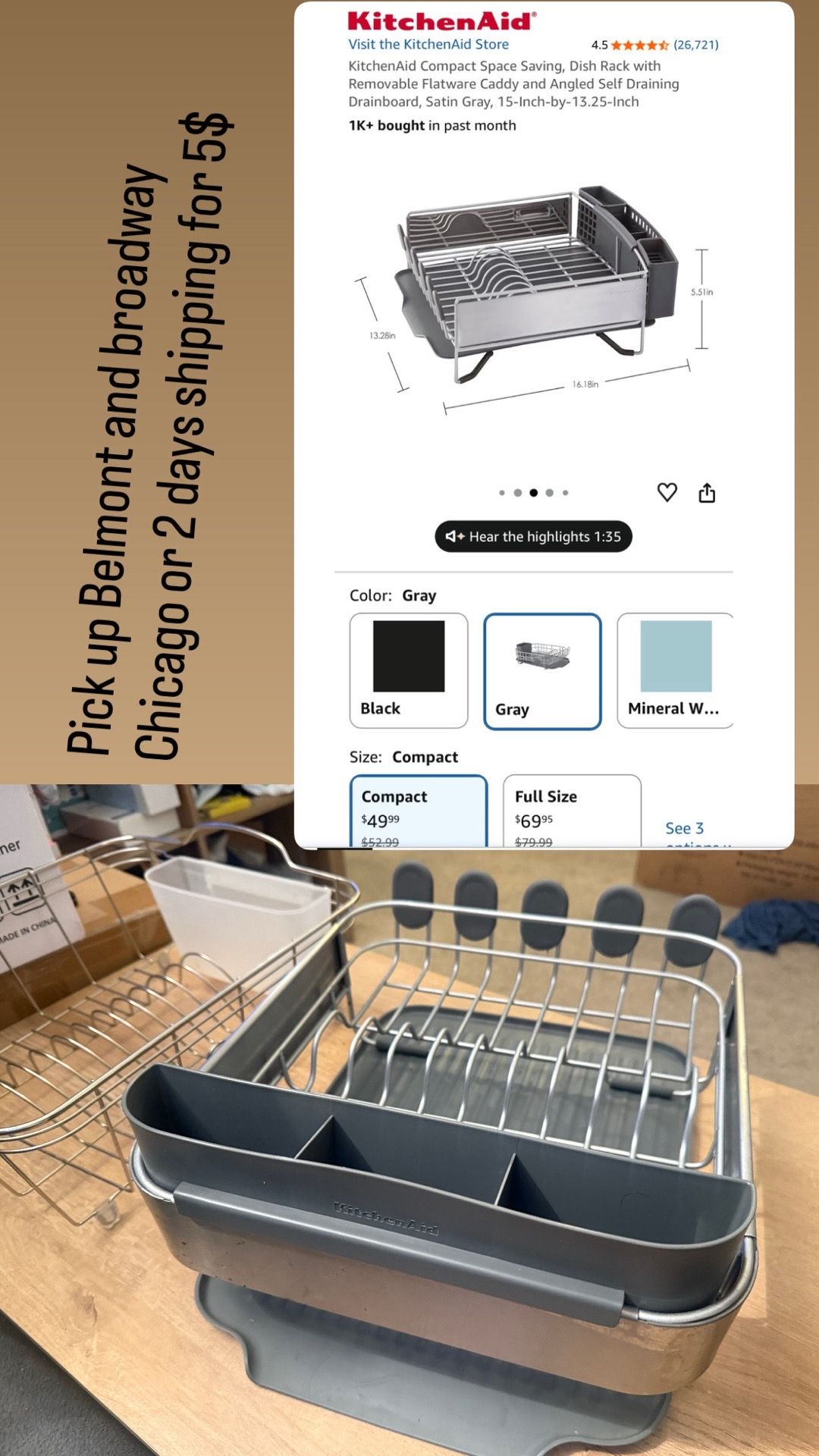 Compact Space Saving Dish Rack with Drainboard, Satin Gray - photo 2