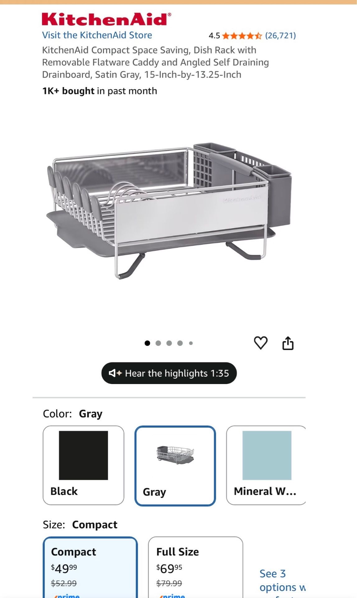 Compact Space Saving Dish Rack with Drainboard, Satin Gray - photo 4