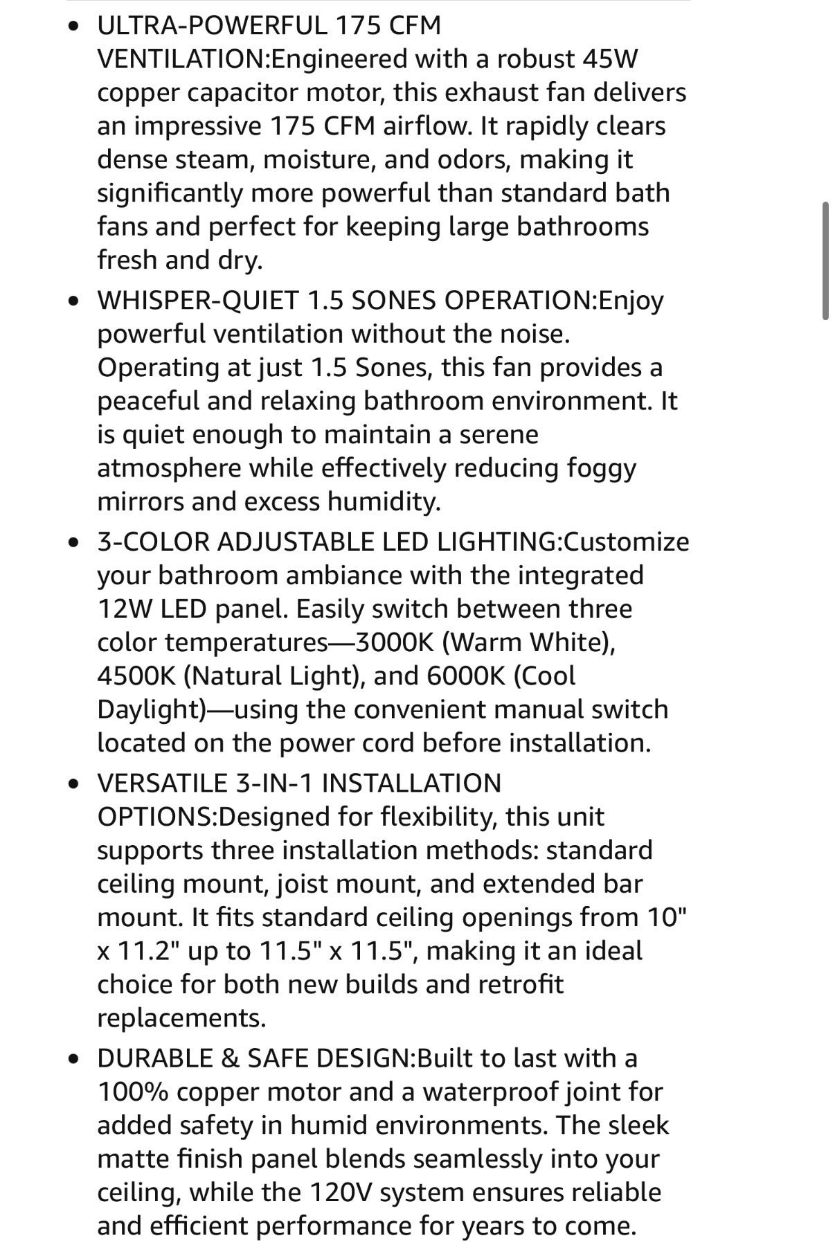 Bathroom Exhaust Fan with Light Combo, 175CFM, 3-Color LED - photo 5