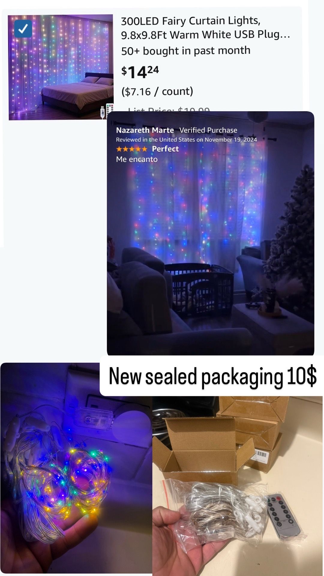 300LED Fairy Curtain Lights 9.8x9.8Ft Warm White USB - photo 2