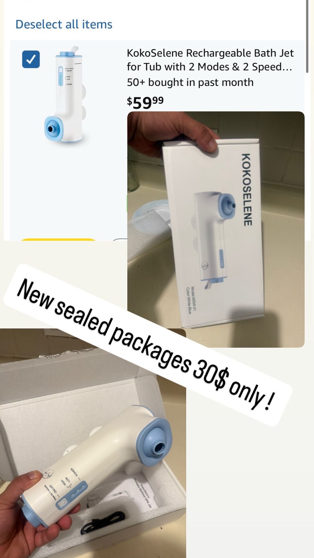 Rechargeable Bath Jet for Tub 2 Modes 2 Speed (Blue)