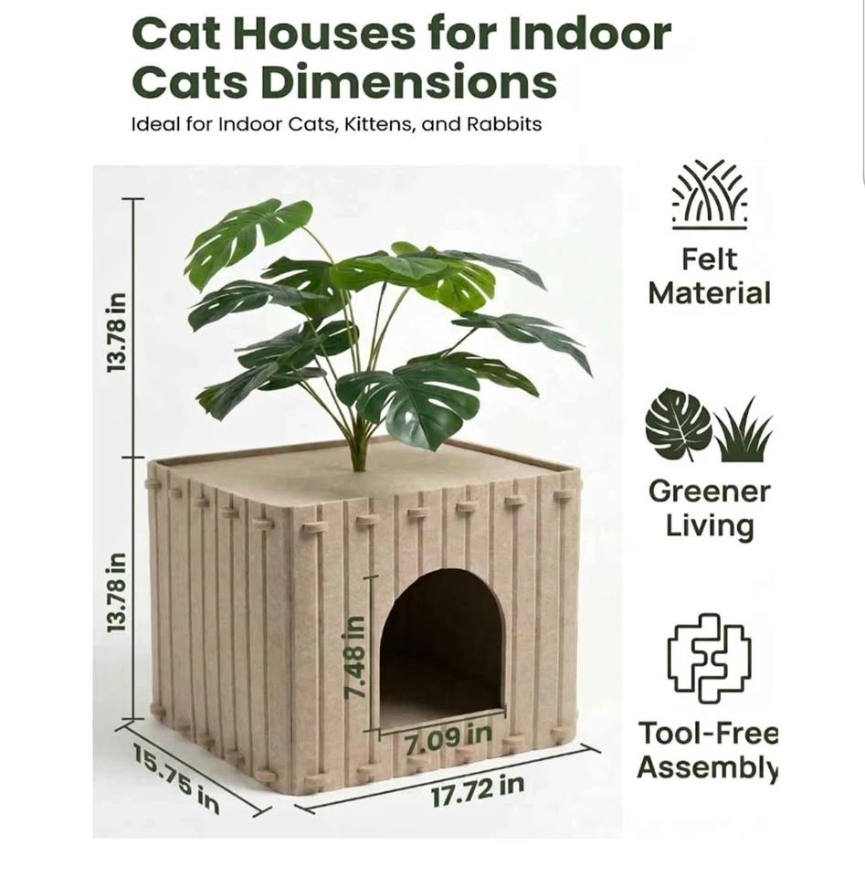 New cozy felt Cat house with decorative plant