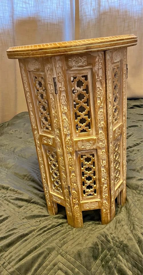 Hand-Carved Whitewash Wooden Folding Side Table