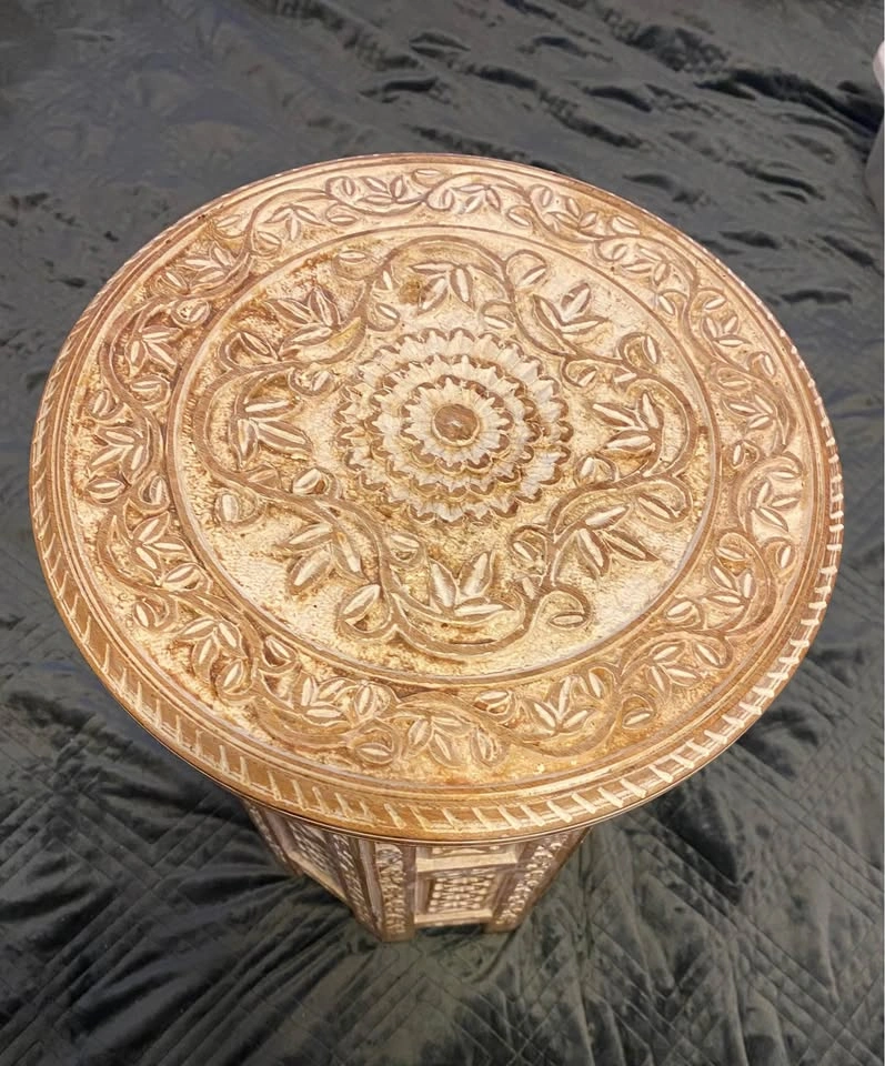 Hand-Carved Whitewash Wooden Folding Side Table - photo 2