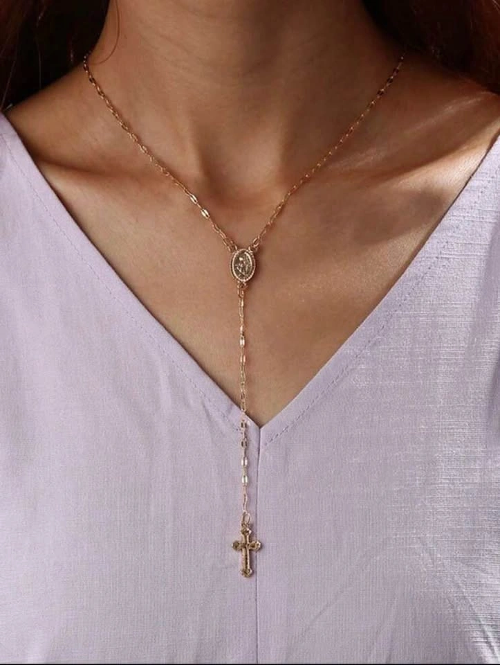 Stainless Steel Rosary Necklace with Virgin Mary & Jesus Cross - photo 3