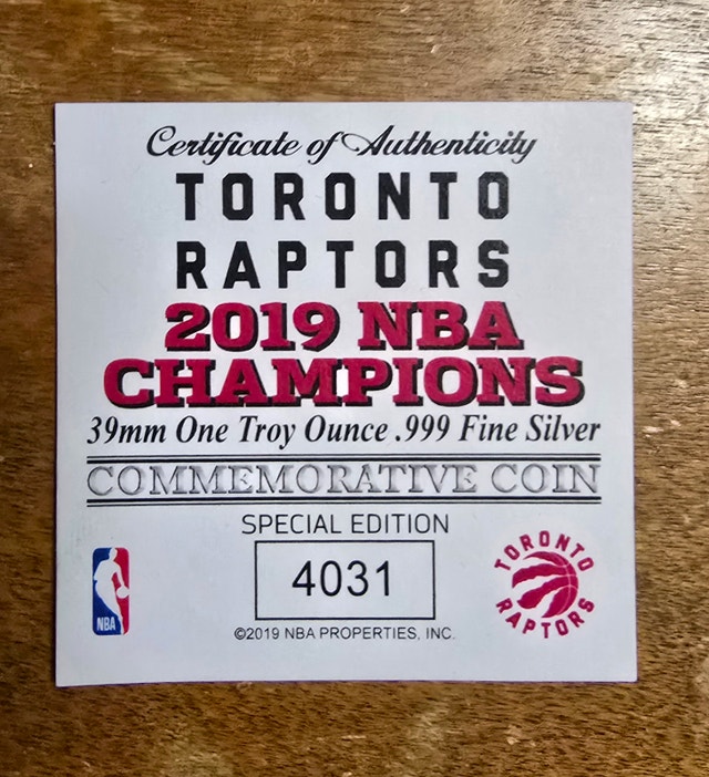Toronto Raptors 2019 NBA Champions Commemorative Silver Coin - photo 3