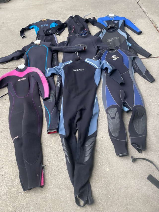 43 Used wetsuits in 3mm, 5mm and 7mm