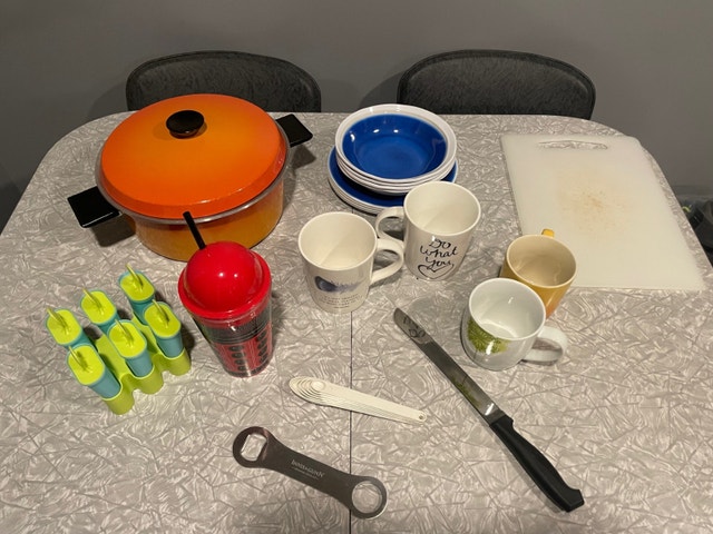 Large metal pot with lid, popsicle molds, bowls, plates and more