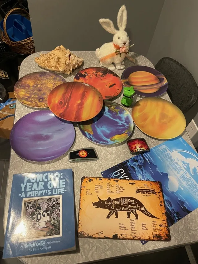 Dinner plates with planets, Serenity belt buckle and more