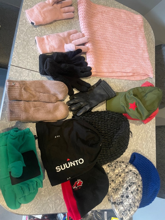 5 pairs of gloves, 1 scarf, 2 hats and 5 toques