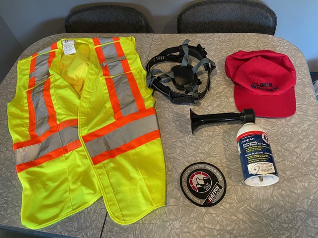 Yellow Safety vest, ball cap, helmet insert and horn