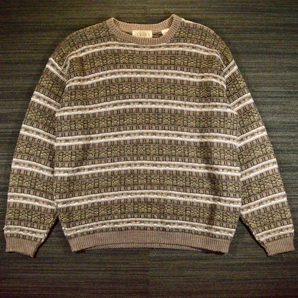 Classics Men's Geometric Grandpa Crewneck Sweater L Brown