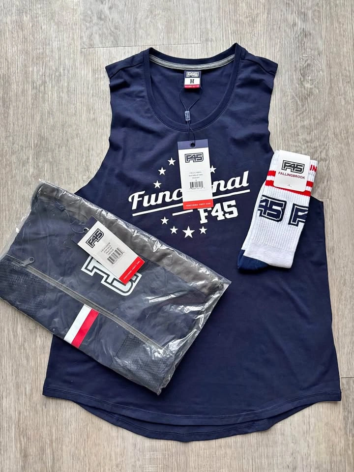 F45 merch bundle — women’s tank top, bag, socks