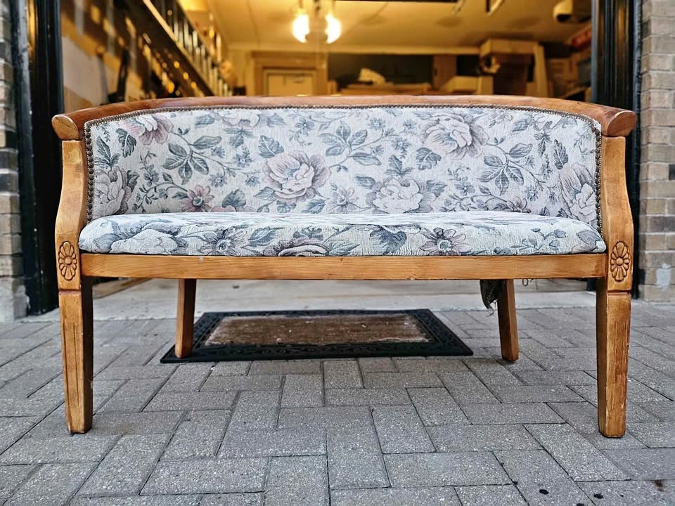 Vintage Floral Tapestry Settee - Carved Wood Loveseat