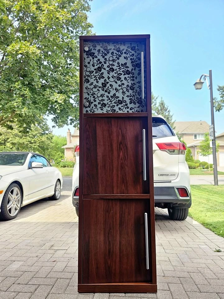 Oak Storage Cabinet with Decorative Floral Glass Doors