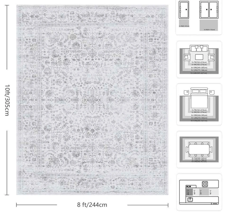 Brand new 8x10 Retro Floral Area Rug - Gray (Machine Washable, N - photo 4