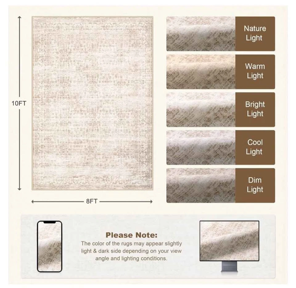 Brand new 8x10 Washable Area Rug Boho Beige Brown No-Slip - photo 5