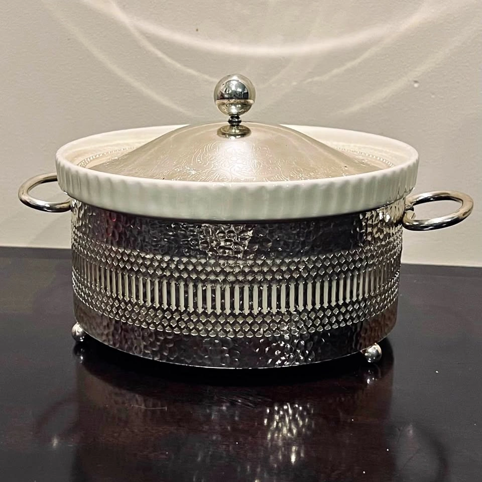 Vintage England Casserole with Silver Plated Lid & Holder