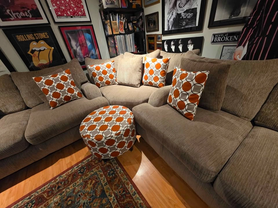 Brown Fabric Sectional Sofa with Matching Ottoman and Pillows - photo 3