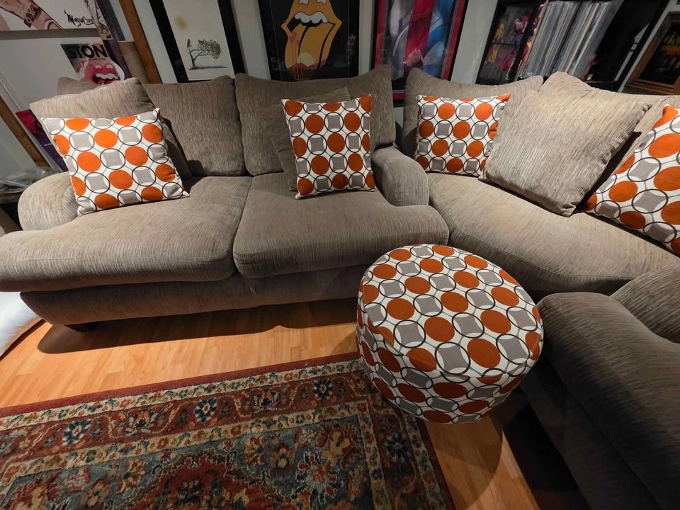 Brown Fabric Sectional Sofa with Matching Ottoman and Pillows - photo 4