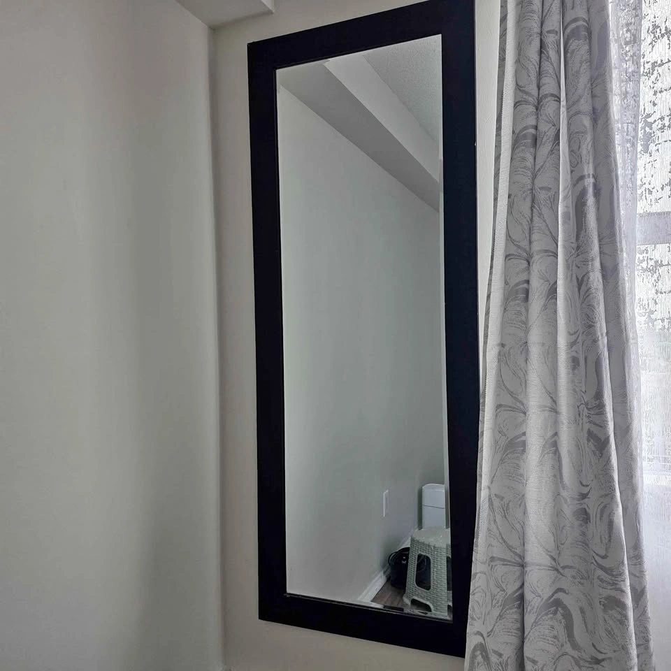 Large mirror with brown frame. Dimensions 167cm x 65cm.