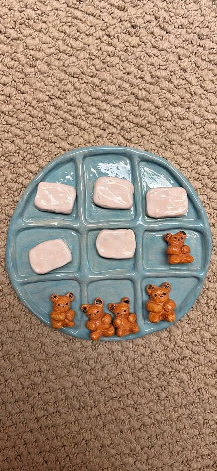 Handmade Ceramic Blue Plate Tic Tac Toe Set