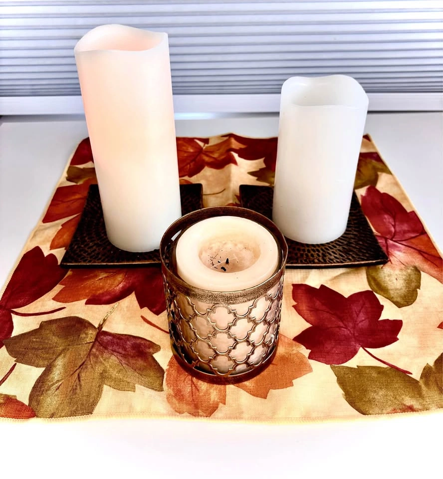 LED Pillar Candles with Decorative Holder and Autumn Leaf scarf