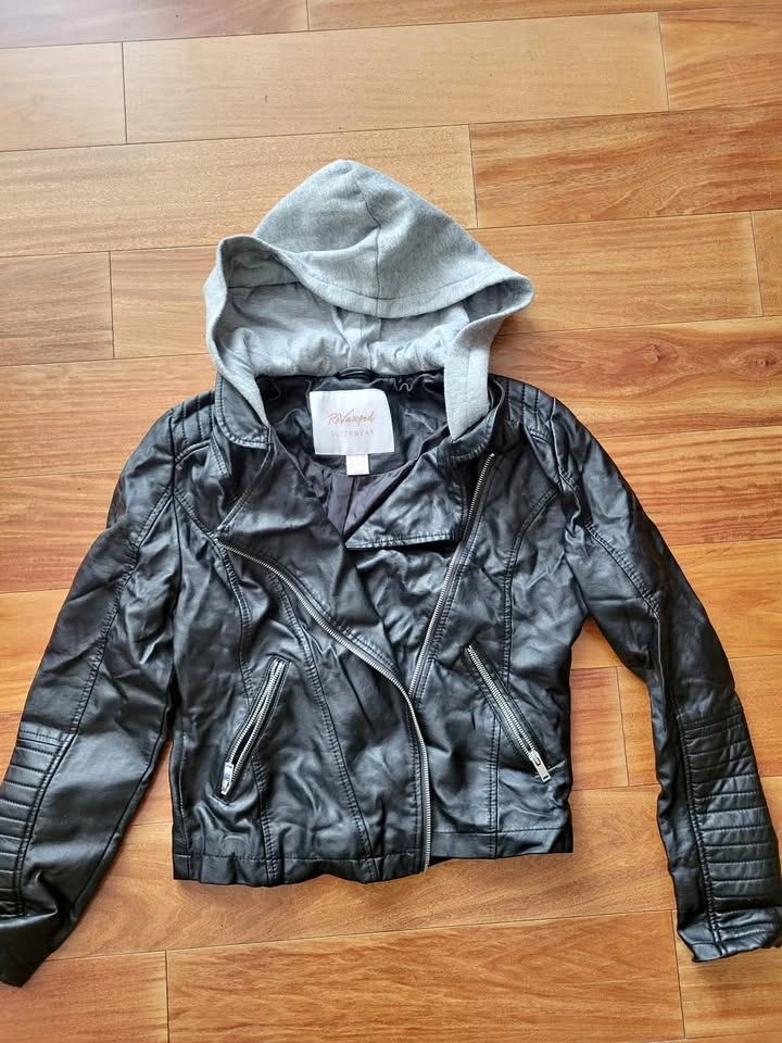 Hooded Faux Leather Jacket Size M