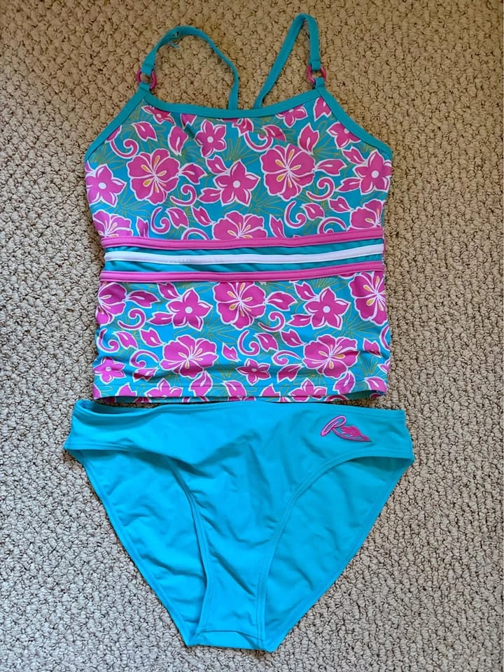 Roots Women’s two piece hibiscus Blue Pink Floral Tankini Swim S