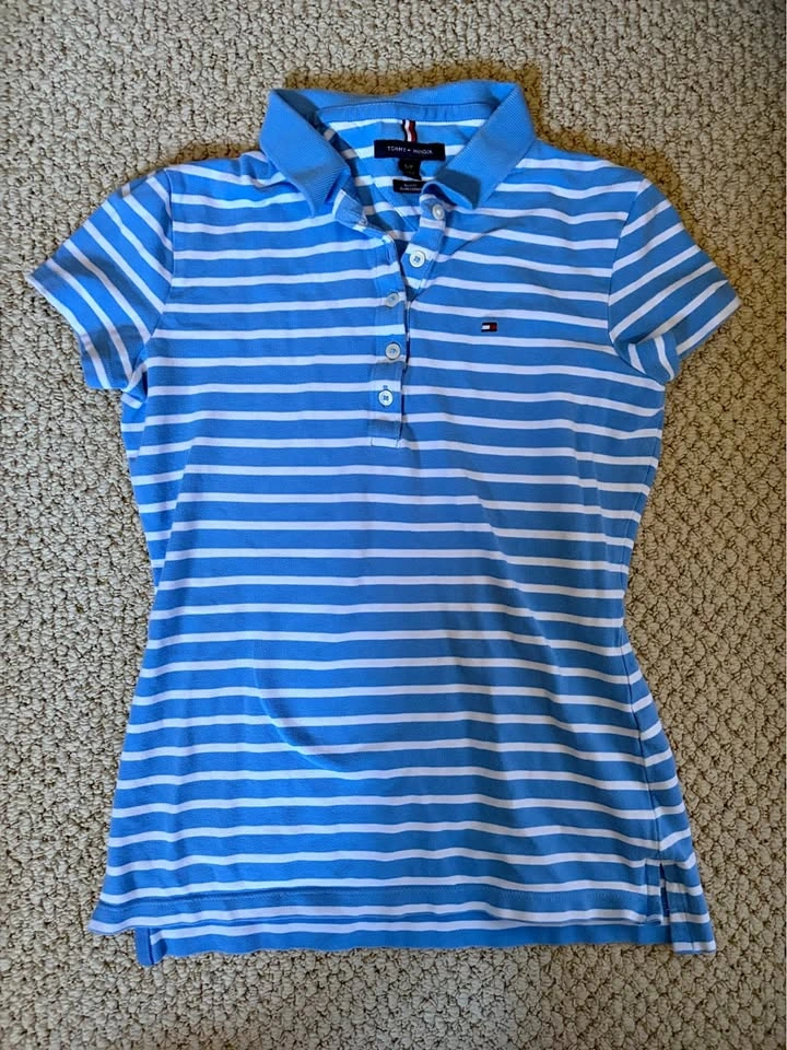 Tommy Hilfiger Women’s Light Blue & White Striped Polo Tee Slim
