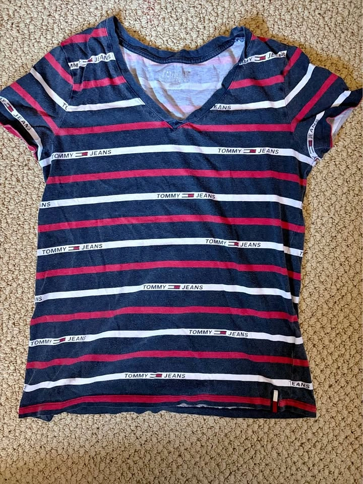 Tommy Hilfiger Navy, Red & White Striped V-Neck Tee XS