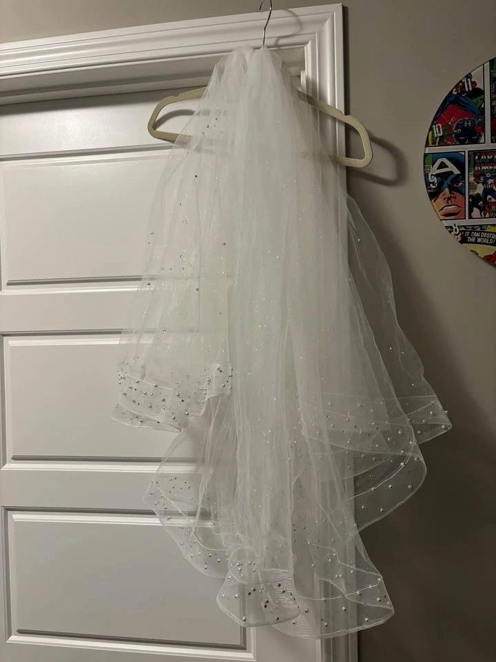 Fingertip sparkly veil with pearls