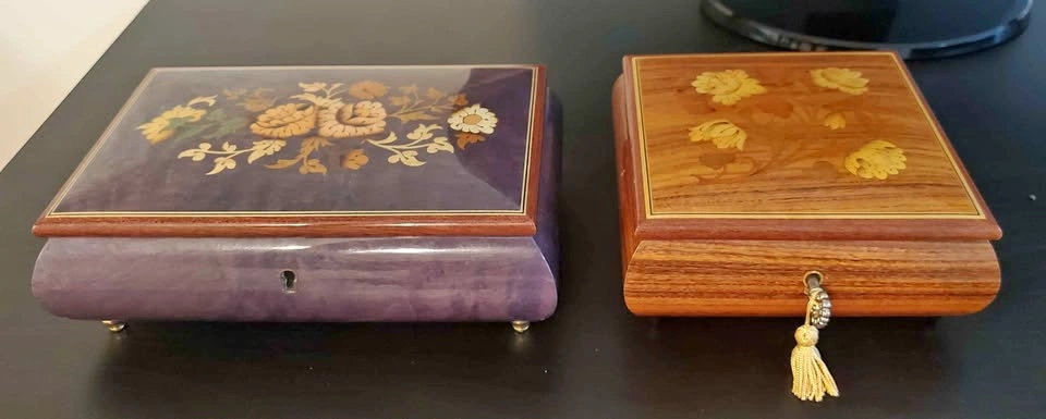 1970's Vintage Lador Italian Inlaid Wood Music Boxes