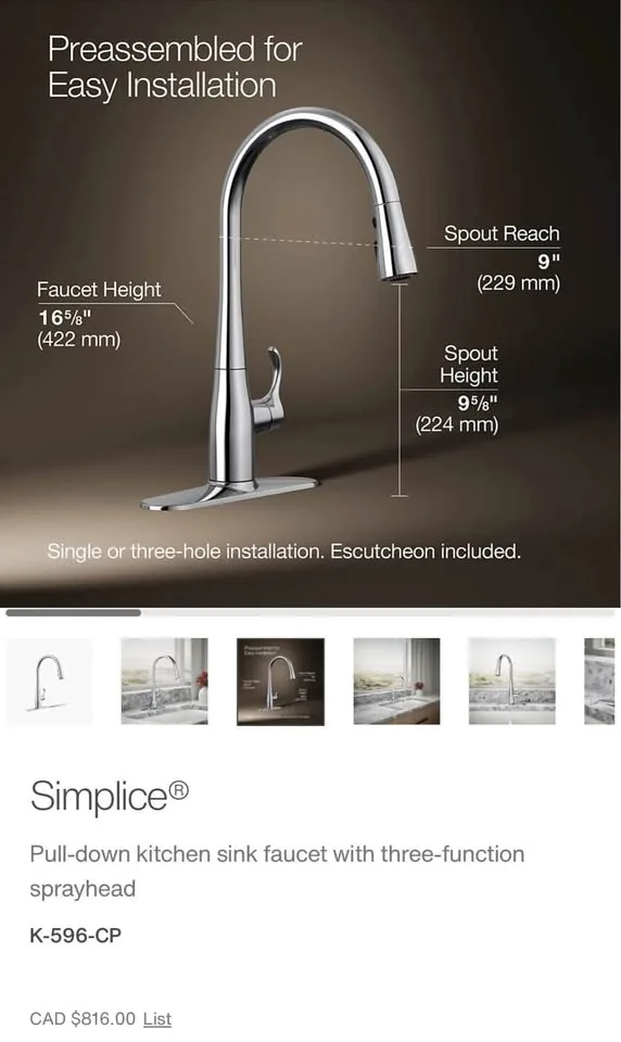 Kohler Pull-down kitchen sink faucet K-596-CP image indicator(4)