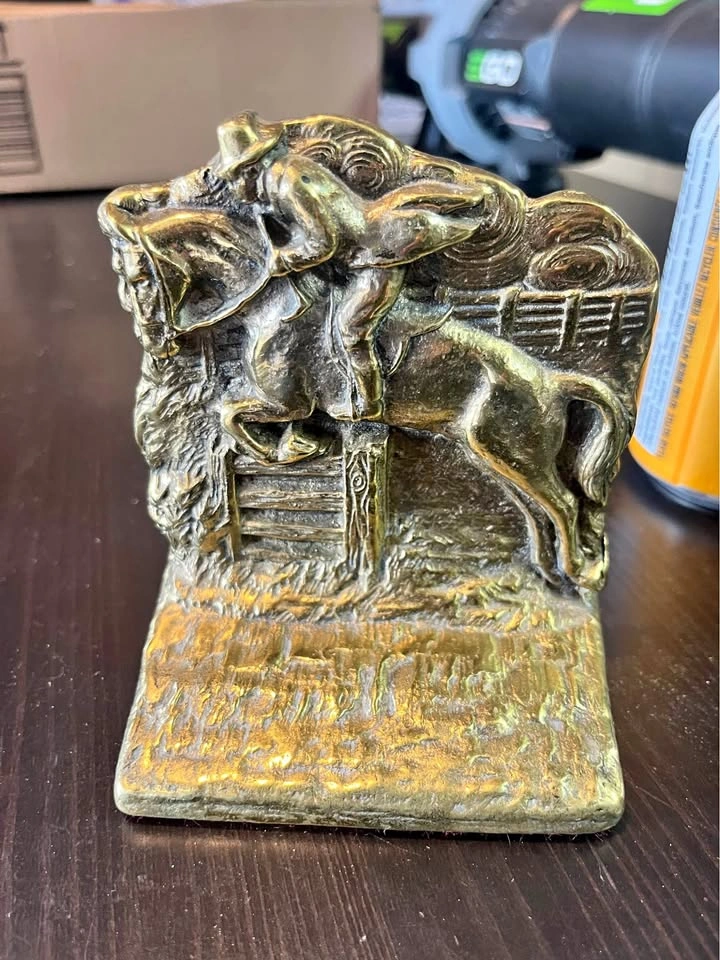 Vintage Brass Horse and Rider Jumping Fence Bookend