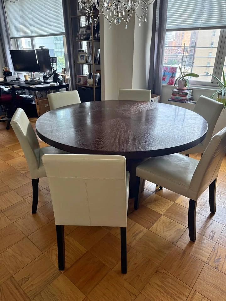 Crate & Barrel 60 inch Round Pedestal Dining Table with 6 Chairs