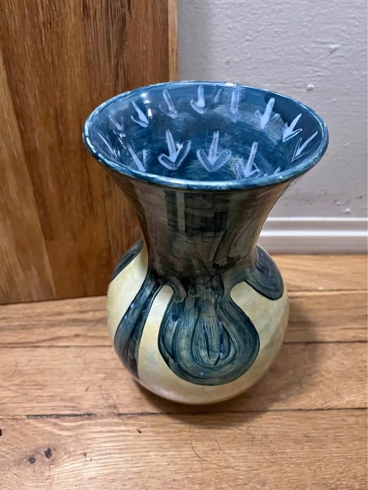 Hand-Painted Blue and Cream Ceramic Vase