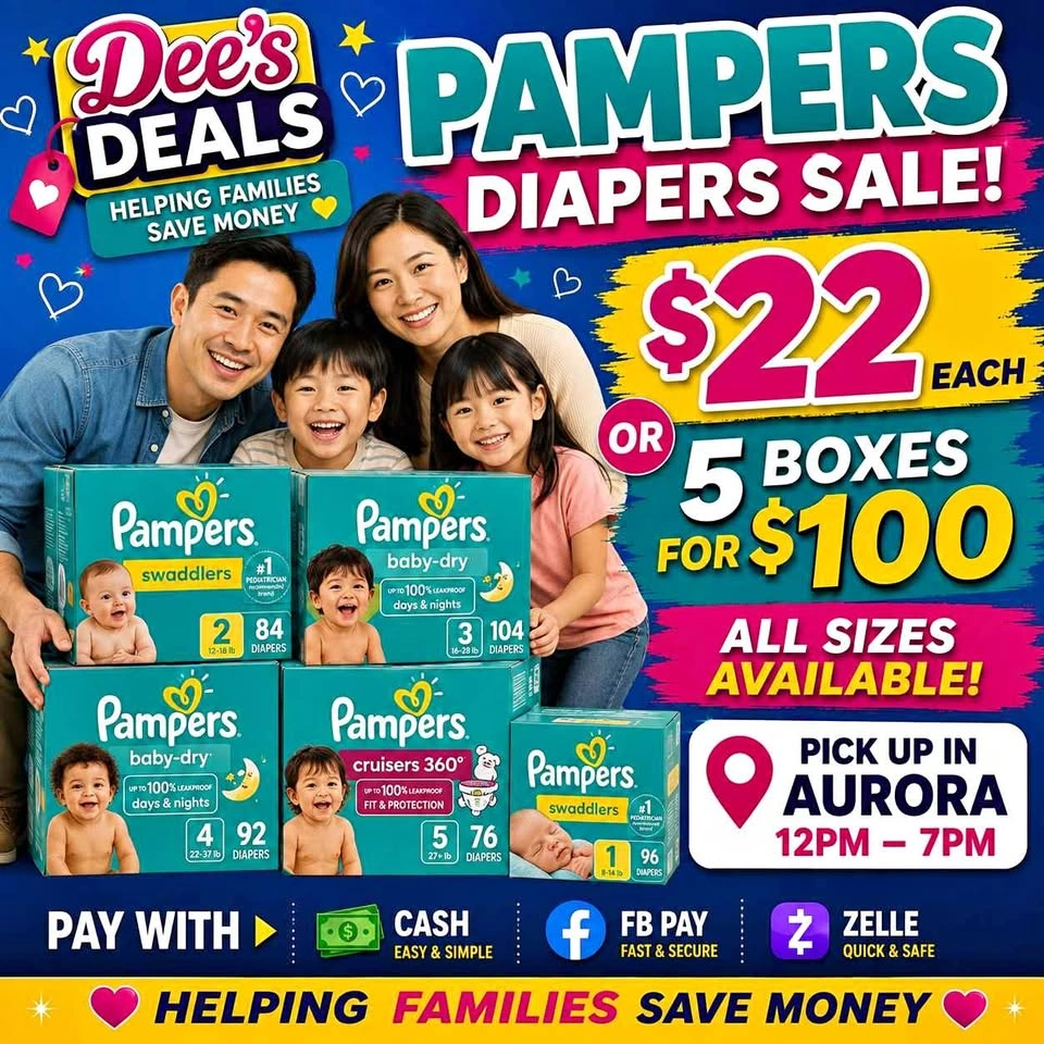 Pampers or Huggies $22 a box All sizes available