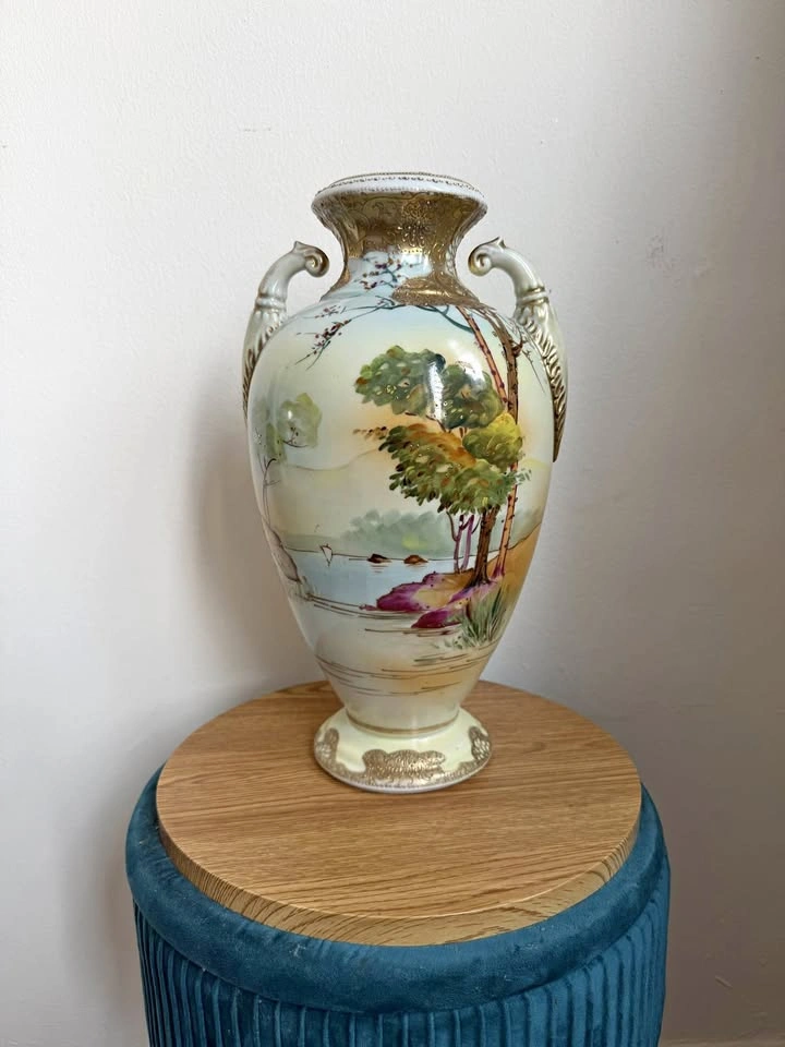Antique Nippon Hand-Painted Porcelain Vase – Scenic Landscape