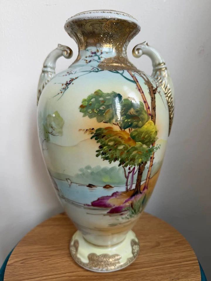 Antique Nippon Hand-Painted Porcelain Vase – Scenic Landscape - photo 2