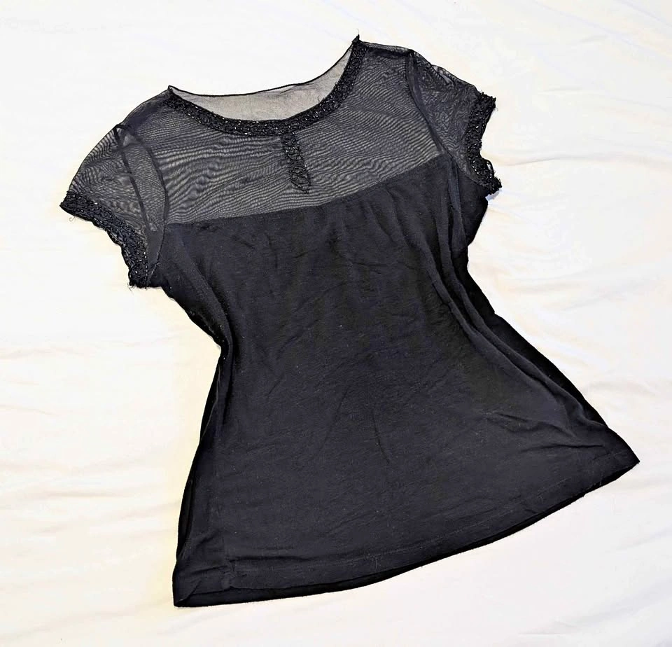 Mesh beaded short sleeve top