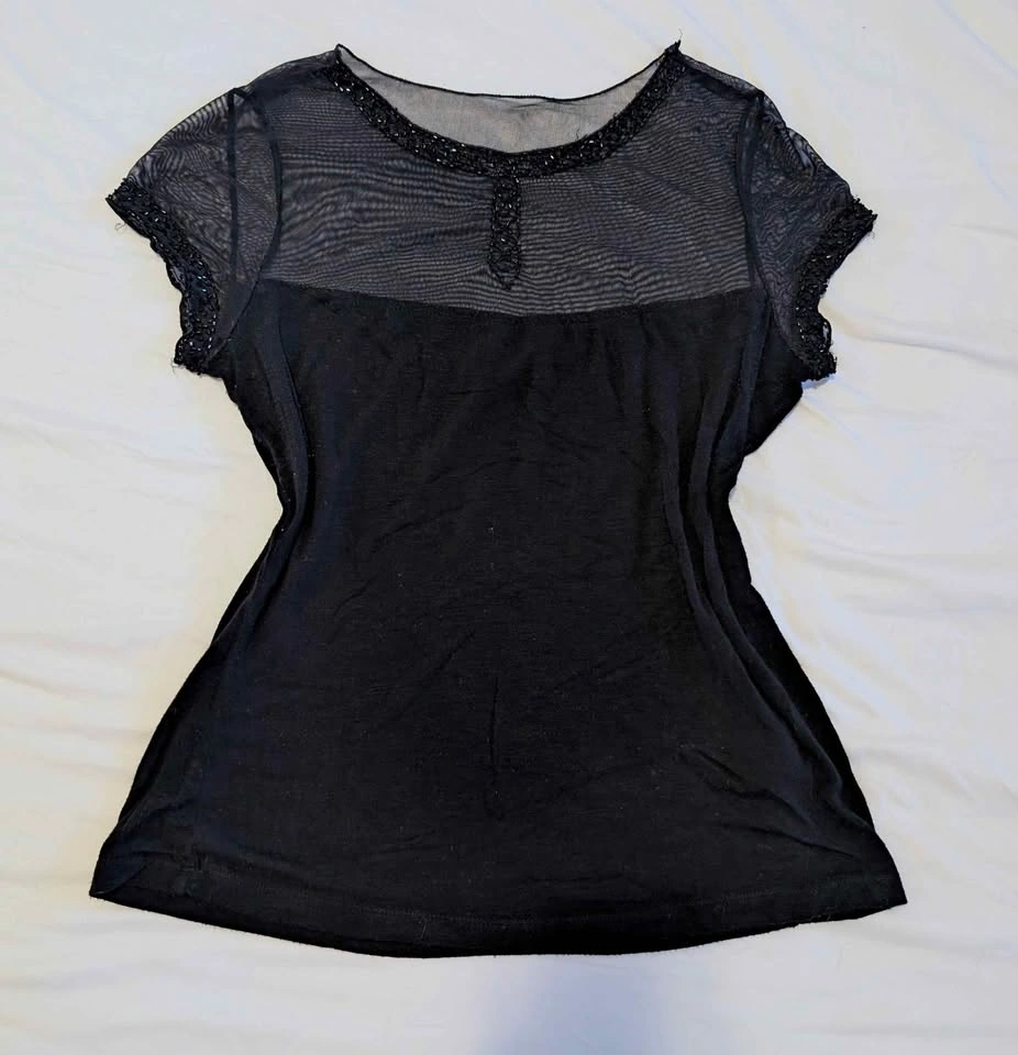 Mesh beaded short sleeve top - photo 2