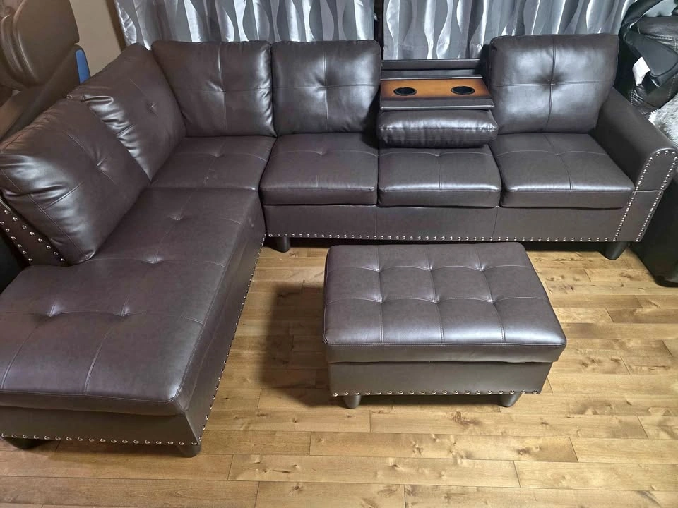 Large L-Shaped Sectional Sofa with Storage Ottoman & Cup Holders