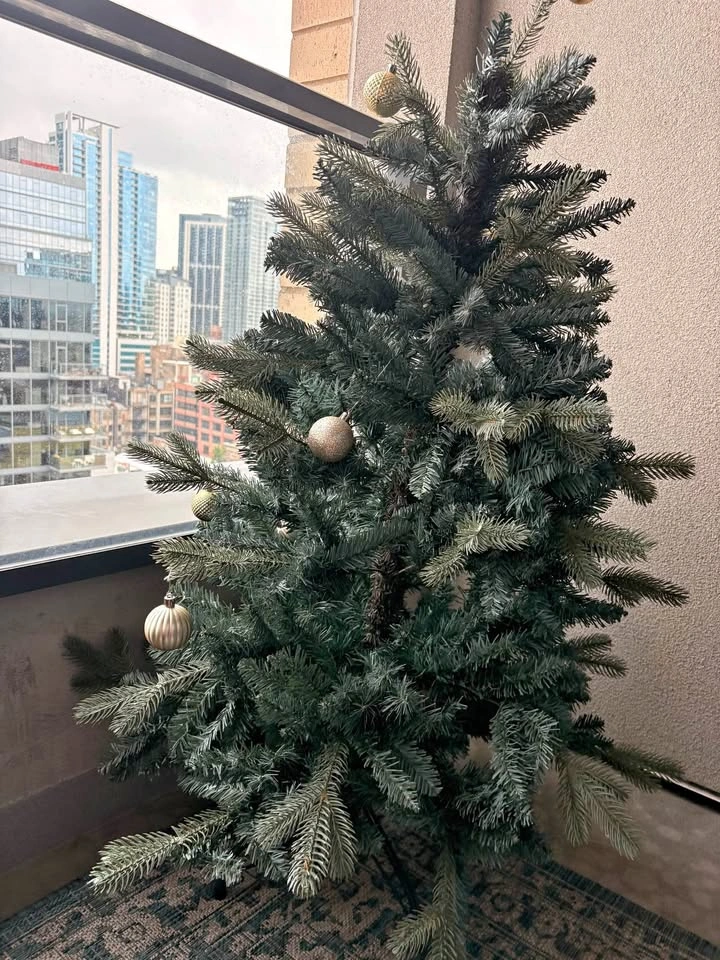 fake christmas tree with ornaments (4 ft tall)