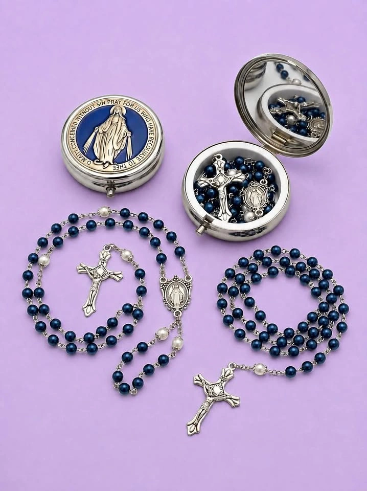Royal dark blue Father Prayer rosaries and metal case gift set
