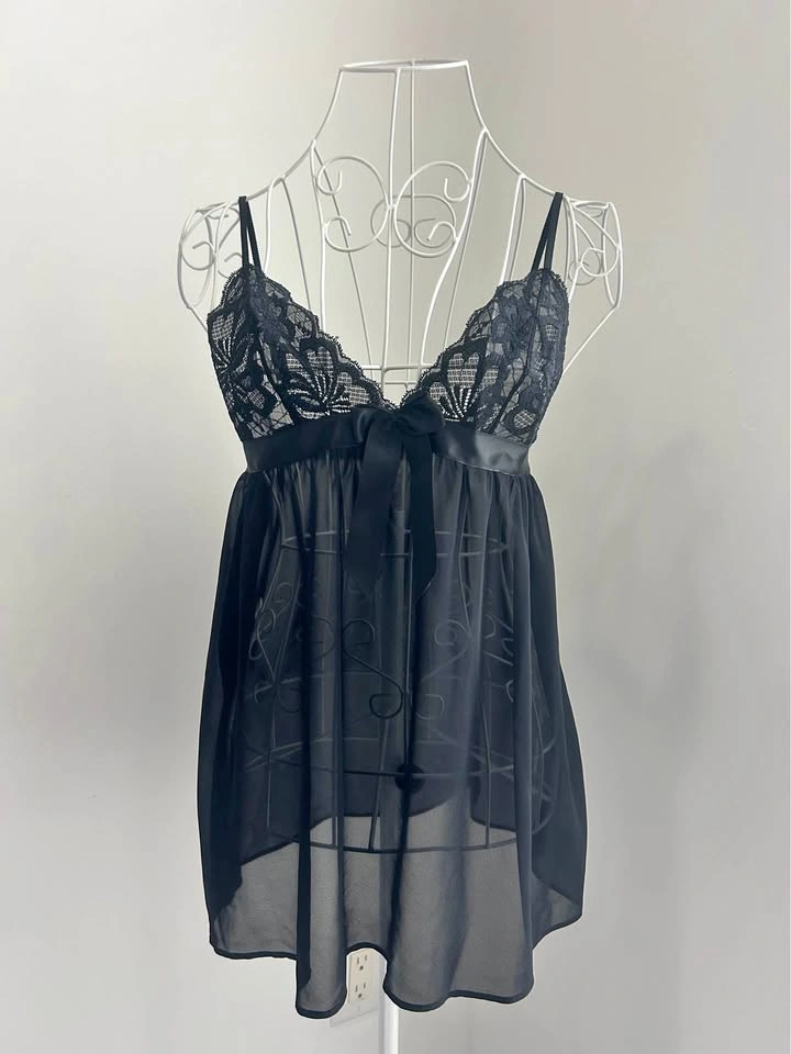 LA SENZA Black Lace Chiffon Babydoll Chemise - Size Small