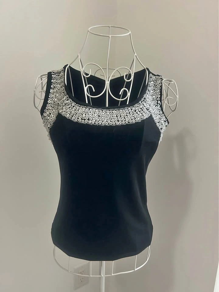Black Sequin Embellished Tank Top Silver Beaded Scoop Neck